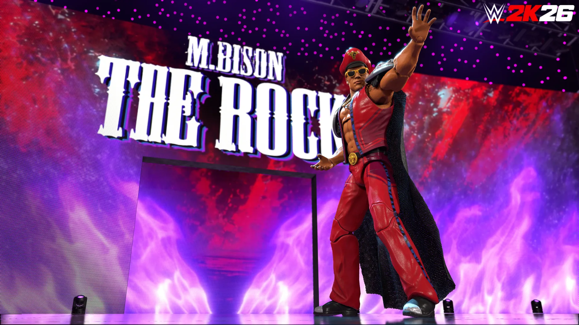The Rock in M. Bison-inspired red gear and cape