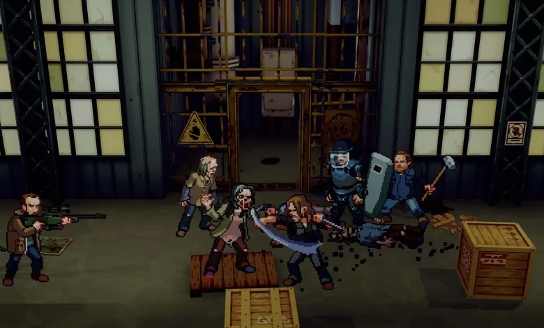 Pixel-art survivors fight walkers inside a warehouse in The Walking Dead: Streets of Survival.