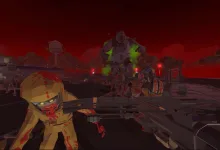 A rifle points toward several zombies advancing near a shop beneath a red sky.