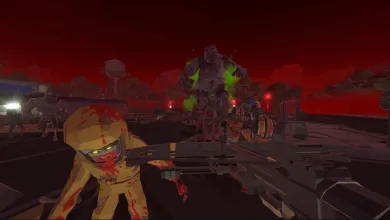 A rifle points toward several zombies advancing near a shop beneath a red sky.