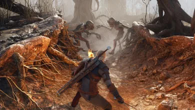 Geralt faces several monsters in a forest during The Witcher 3 Remastered gameplay