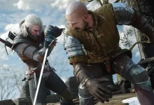 Geralt fights an armored opponent with a sword in The Witcher 3: Wild Hunt Remastered.