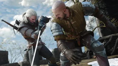 Geralt fights an armored opponent with a sword in The Witcher 3: Wild Hunt Remastered.