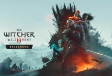Geralt stands with Ciri, Yennefer, and other characters in The Witcher 3: Wild Hunt Remastered key art.