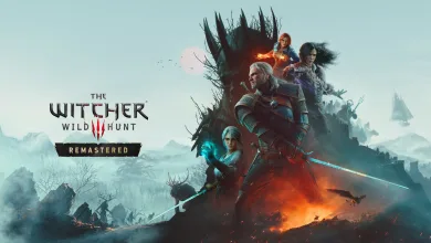 Geralt stands with Ciri, Yennefer, and other characters in The Witcher 3: Wild Hunt Remastered key art.