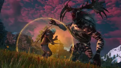 A white-haired witcher confronts a towering monster in a grassy ruin beneath a pink sky.