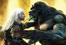 Geralt confronts a large monster in The Witcher artwork.