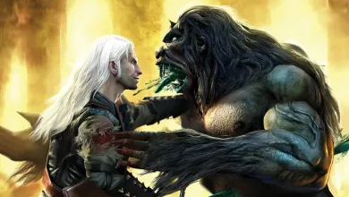 Geralt confronts a large monster in The Witcher artwork.