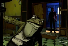 A large frog-like man gestures in the foreground as Bigby stands in a blue-lit doorway in The Wolf Among Us Remastered.