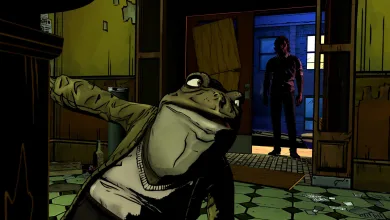 A large frog-like man gestures in the foreground as Bigby stands in a blue-lit doorway in The Wolf Among Us Remastered.