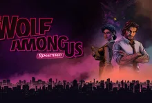 Key art for The Wolf Among Us Remastered showing Bigby and Snow White above a city skyline
