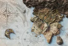 An illustrated fantasy map showing a large central landmass, smaller islands, compass roses and decorative markings.