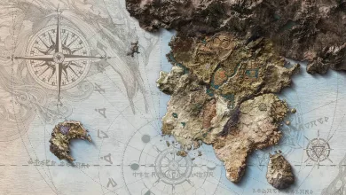 An illustrated fantasy map showing a large central landmass, smaller islands, compass roses and decorative markings.