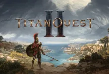 Armored warrior overlooking a coastal landscape beneath the Titan Quest II title.