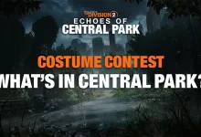 A costume contest graphic for The Division 2's Echoes of Central Park, set against a dark, overgrown park scene.