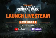 Announcement graphic for The Division 2 Echoes of Central Park launch livestream on November 2, with a dark park backdrop and YouTube and Twitch logos.