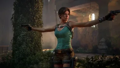 Lara Croft aims dual pistols in a dim, overgrown interior in Tomb Raider: Legacy of Atlantis.