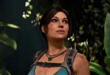 A detailed close-up of Lara Croft wearing a turquoise top and climbing gear, surrounded by jungle foliage.
