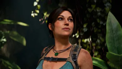 A detailed close-up of Lara Croft wearing a turquoise top and climbing gear, surrounded by jungle foliage.