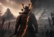 Armored samurai stands amid soldiers and banners near a Japanese castle, with one side of the figure dissolving into smoke and debris.