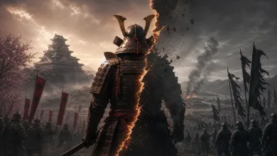 Armored samurai stands amid soldiers and banners near a Japanese castle, with one side of the figure dissolving into smoke and debris.