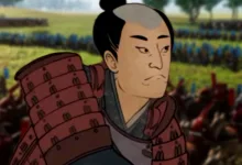A samurai commander in red armor looks across a battlefield in an illustrated scene.