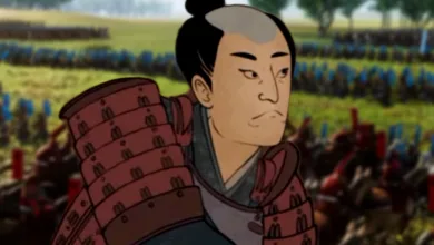 A samurai commander in red armor looks across a battlefield in an illustrated scene.