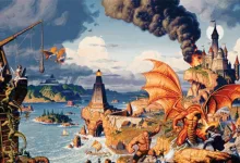 A red dragon flies over a coastal medieval fantasy settlement with a castle.