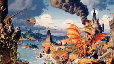 A red dragon flies over a coastal medieval fantasy settlement with a castle.