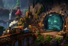 A voxel train and crew approach a glowing laboratory through a stone tunnel.