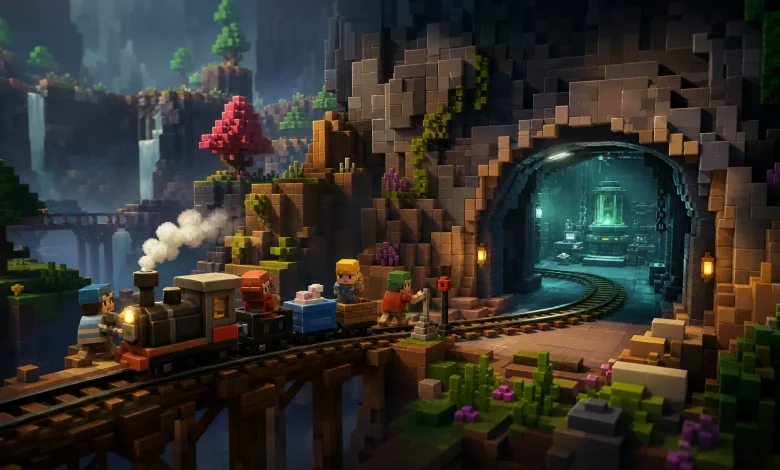 A voxel train and crew approach a glowing laboratory through a stone tunnel.
