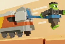 A blocky train engine pulls a green character with a blue rope in Unrailed 2: Back on Track