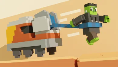 A blocky train engine pulls a green character with a blue rope in Unrailed 2: Back on Track