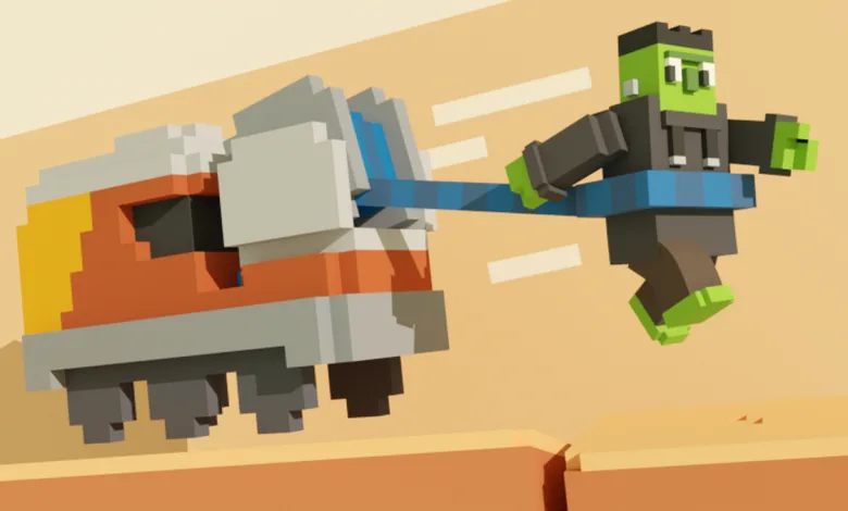 A blocky train engine pulls a green character with a blue rope in Unrailed 2: Back on Track