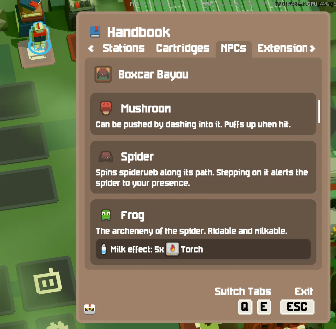 Unrailed 2 handbook listing NPC traits and the frog's 5x Torch milk effect.