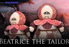 Two Beatrice the Tailor plush dolls in their red-and-cream outfits against a V Rising landscape.