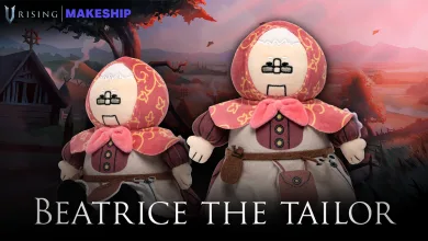 Two Beatrice the Tailor plush dolls in their red-and-cream outfits against a V Rising landscape.