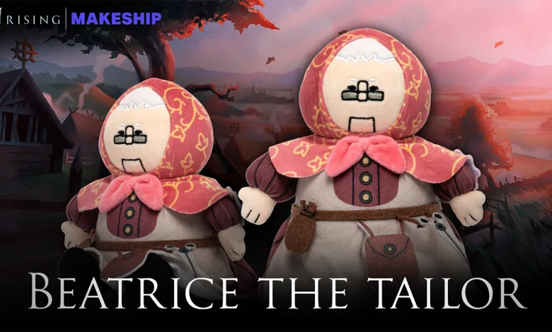 Two Beatrice the Tailor plush dolls in their red-and-cream outfits against a V Rising landscape.