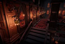 A V Rising castle corridor with orange stained-glass windows, web-patterned carpet, and hanging Halloween ornaments.