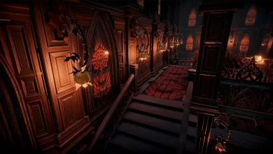 A V Rising castle corridor with orange stained-glass windows, web-patterned carpet, and hanging Halloween ornaments.