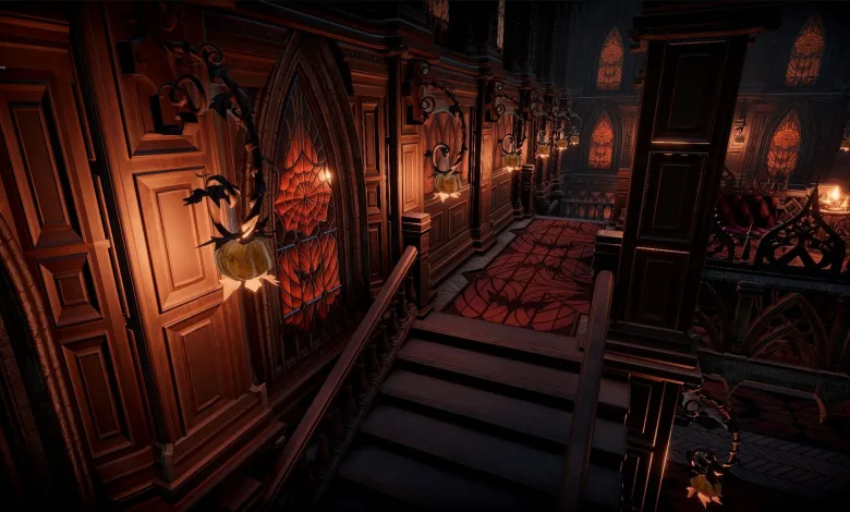 A V Rising castle corridor with orange stained-glass windows, web-patterned carpet, and hanging Halloween ornaments.