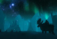 A silhouetted Valheim rider on a moose beneath a vivid aurora in a snowy landscape