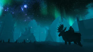 A silhouetted Valheim rider on a moose beneath a vivid aurora in a snowy landscape