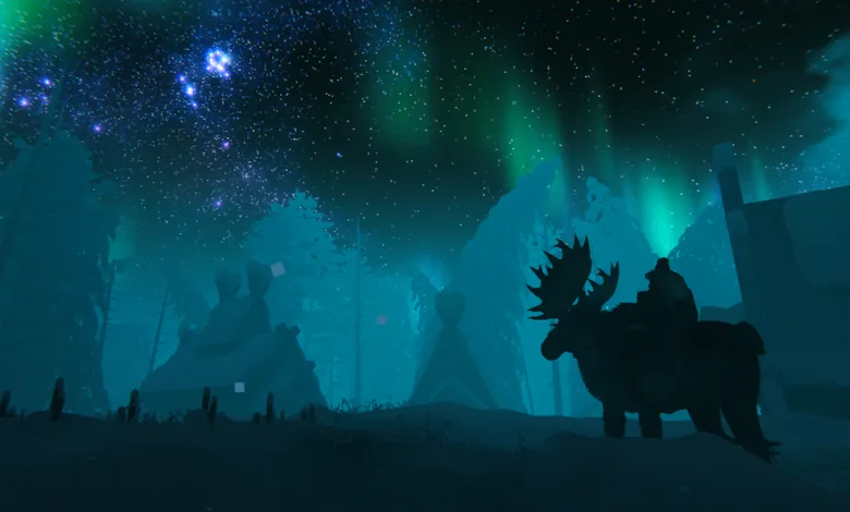 A silhouetted Valheim rider on a moose beneath a vivid aurora in a snowy landscape