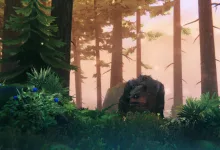A dark, shaggy creature stands among trees and shrubs in a Valheim forest.