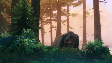 A dark, shaggy creature stands among trees and shrubs in a Valheim forest.