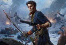 A uniformed soldier holds a firearm and sword amid fighting troops on a snowy battlefield.
