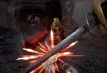 A first-person sword blocks a masked enemy's strike, sending sparks flying in Valor Mortis.