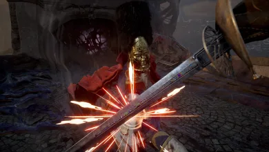 A first-person sword blocks a masked enemy's strike, sending sparks flying in Valor Mortis.