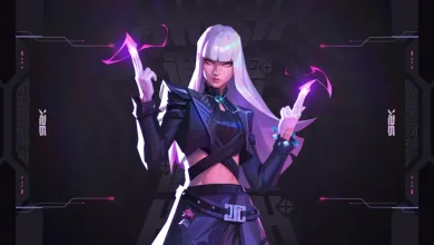 A white-haired VALORANT agent raises her hands amid glowing pink energy against a dark purple background.